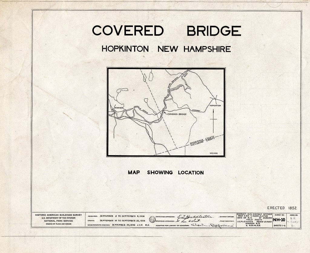 Historic Pictoric : Blueprint Title Sheet - Covered Bridge, Spanning Contoocook River, Hopkinton, Merrimack County, NH