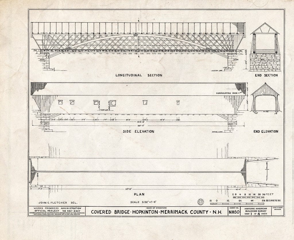 Historic Pictoric : Blueprint Longitudinal Section, End Section, Side Elevation, End Elevation, Plan - Covered Bridge, Spanning Contoocook River, Hopkinton, Merrimack County, NH