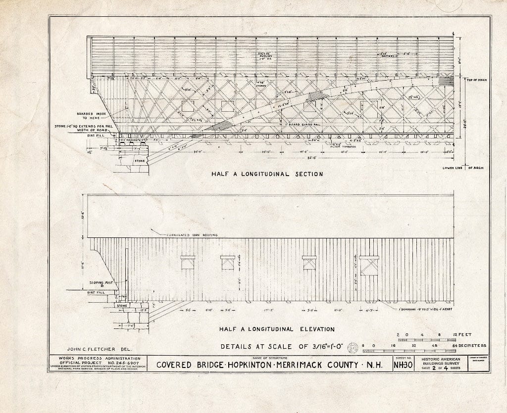 Historic Pictoric : Blueprint Half a Longitudinal Section, Half a Longitudinal Elevation - Covered Bridge, Spanning Contoocook River, Hopkinton, Merrimack County, NH