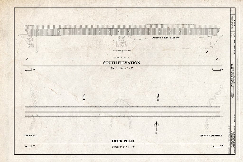 Historic Pictoric : Blueprint South Elevation, Deck Plan - Cornish-Windsor Covered Bridge, Spanning Connecticut River Between Cornish, NH, Windsor, VT, Cornish City, Sullivan County, NH