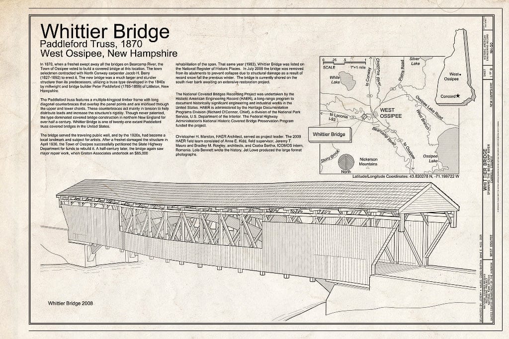 Historic Pictoric : Blueprint Whittier Bridge, Paddleford Truss, 1870, Title Sheet - Whittier Bridge, Spanning The Bearcamp River, West Ossipee, Carroll County, NH