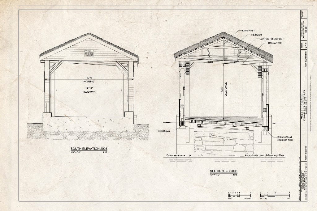 Historic Pictoric : Blueprint South Elevation 2008, Section B-B 2008 - Whittier Bridge, Spanning The Bearcamp River, West Ossipee, Carroll County, NH