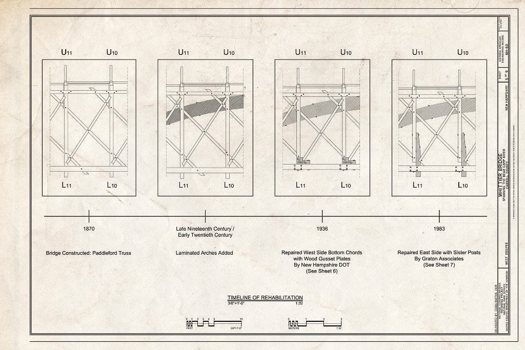 Historic Pictoric : Blueprint Timeline of Rehabilitation - Whittier Bridge, Spanning The Bearcamp River, West Ossipee, Carroll County, NH