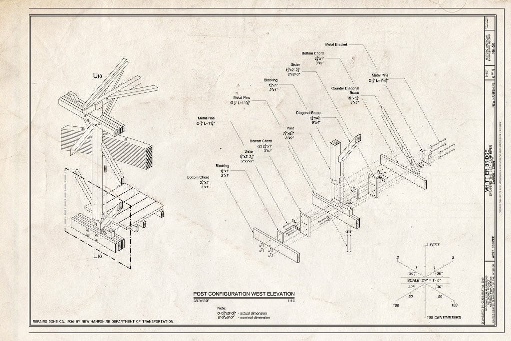 Historic Pictoric : Blueprint Post Configuration West Elevation - Whittier Bridge, Spanning The Bearcamp River, West Ossipee, Carroll County, NH