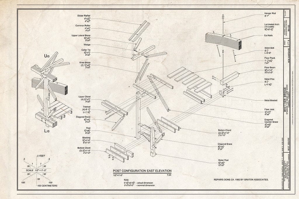 Historic Pictoric : Blueprint Post Configuration East Elevation - Whittier Bridge, Spanning The Bearcamp River, West Ossipee, Carroll County, NH