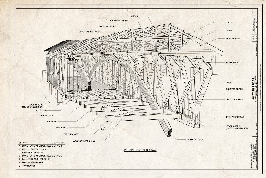 Historic Pictoric : Blueprint Perspective Cut Away - Whittier Bridge, Spanning The Bearcamp River, West Ossipee, Carroll County, NH