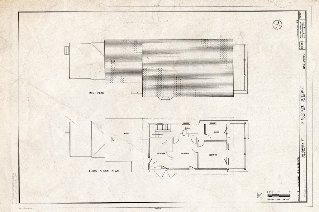 Historic Pictoric : Blueprint Roof Plan, Third Floor Plan - Stockton Cottage, 26 Gurney Street, Cape May, Cape May County, NJ