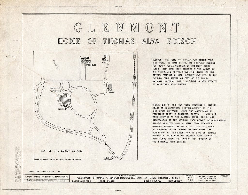 Historic Pictoric : Blueprint Title Sheet - Glenmont, Llewellyn Park, West Orange, Essex County, NJ