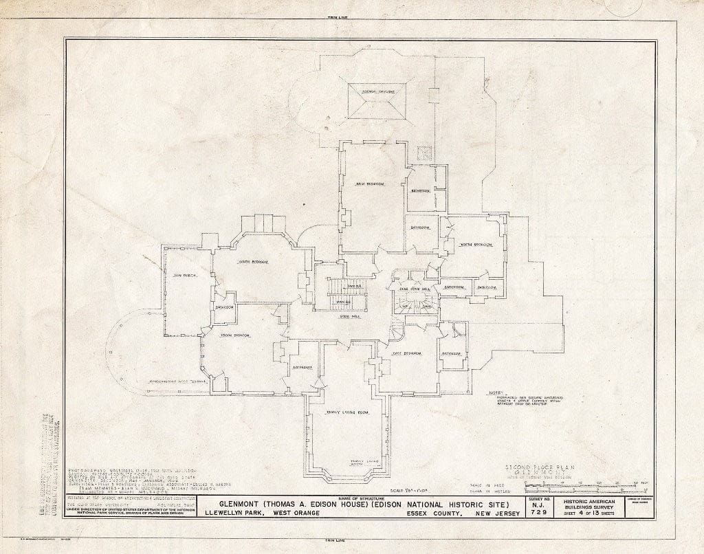 Historic Pictoric : Blueprint Second Floor Plan - Glenmont, Llewellyn Park, West Orange, Essex County, NJ