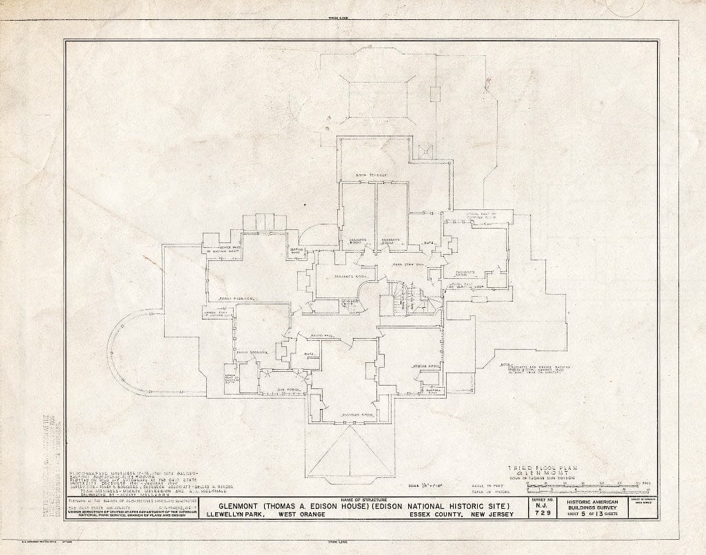 Historic Pictoric : Blueprint Third Floor Plan - Glenmont, Llewellyn Park, West Orange, Essex County, NJ