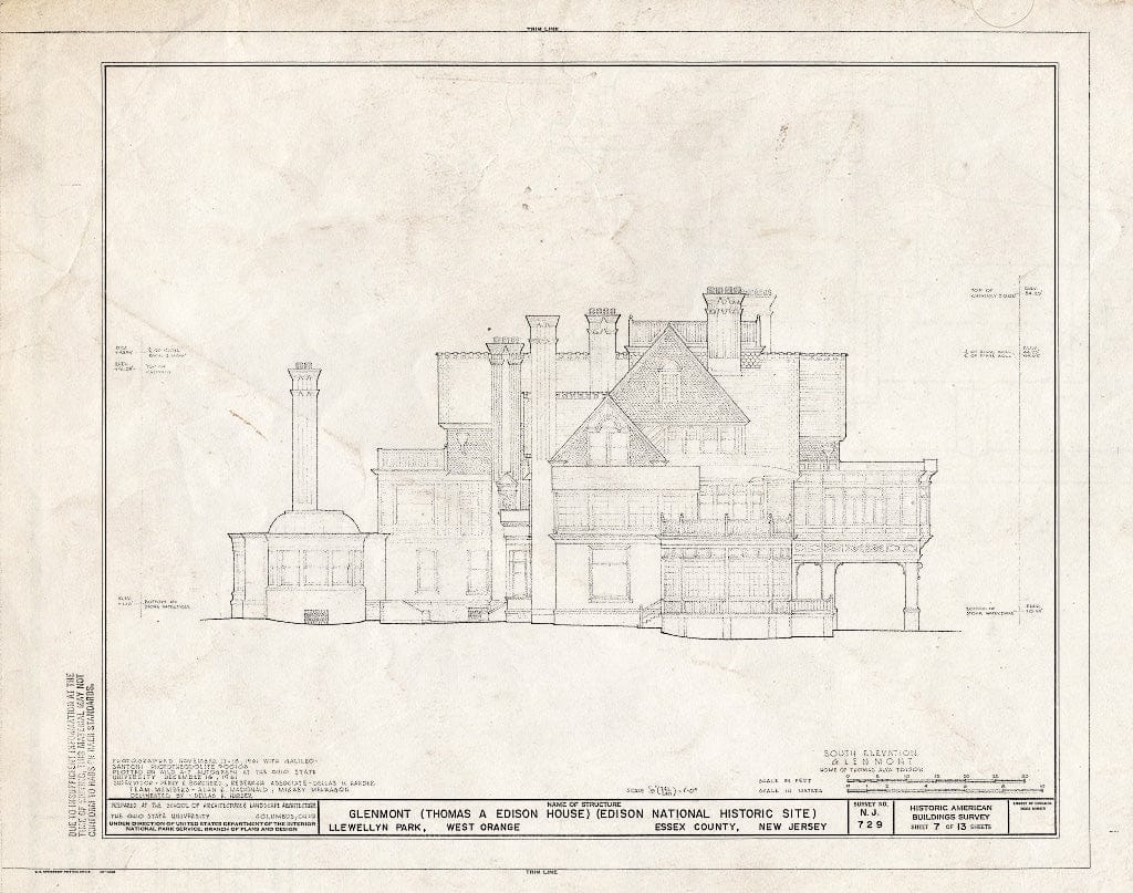 Historic Pictoric : Blueprint South Elevation - Glenmont, Llewellyn Park, West Orange, Essex County, NJ