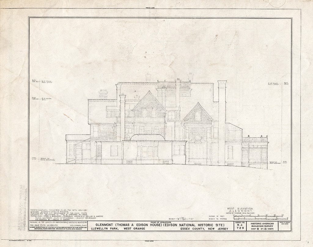 Historic Pictoric : Blueprint West Elevation - Glenmont, Llewellyn Park, West Orange, Essex County, NJ