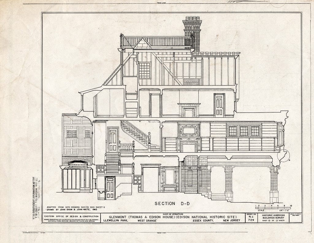 Historic Pictoric : Blueprint Section D-D - Glenmont, Llewellyn Park, West Orange, Essex County, NJ