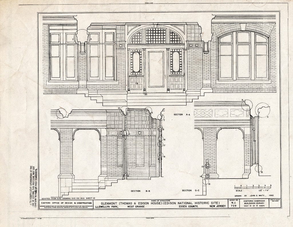 Historic Pictoric : Blueprint Sections A-A, B-B, and C-C - Glenmont, Llewellyn Park, West Orange, Essex County, NJ