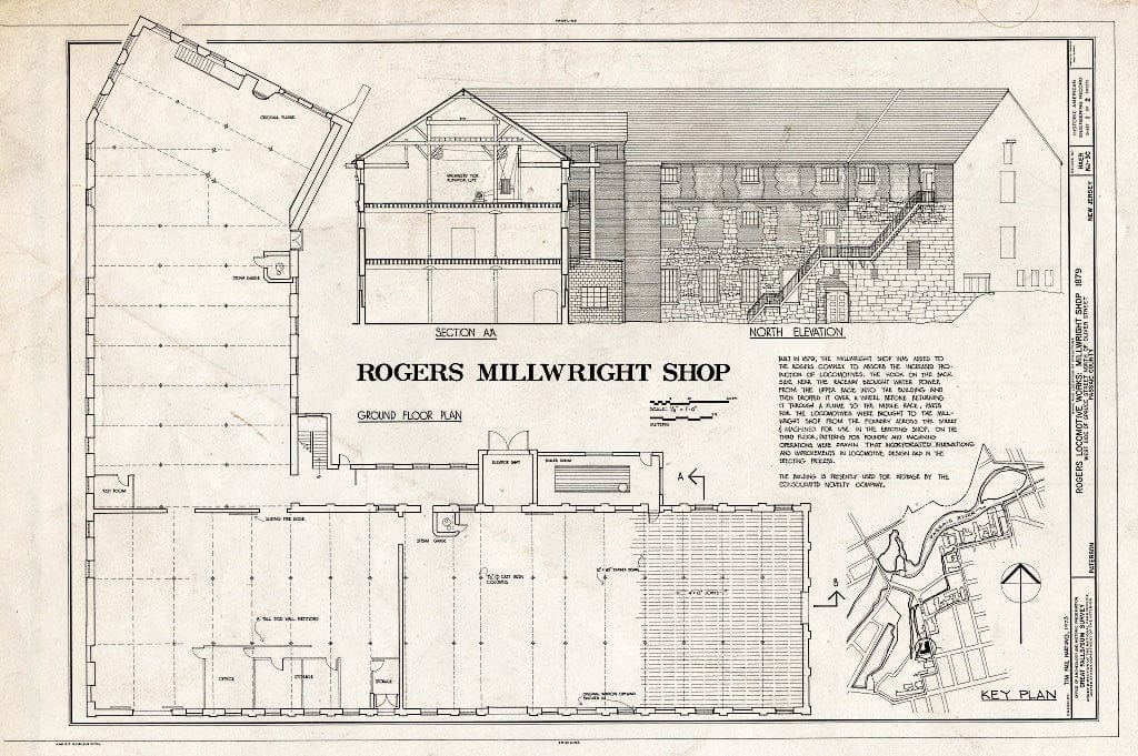 Historic Pictoric : Blueprint HAER NJ,16-PAT,20-C- (Sheet 1 of 2) - Rogers Locomotive & Machine Works, Millwright Shop, Spruce & Market Streets, Paterson, Passaic County, NJ