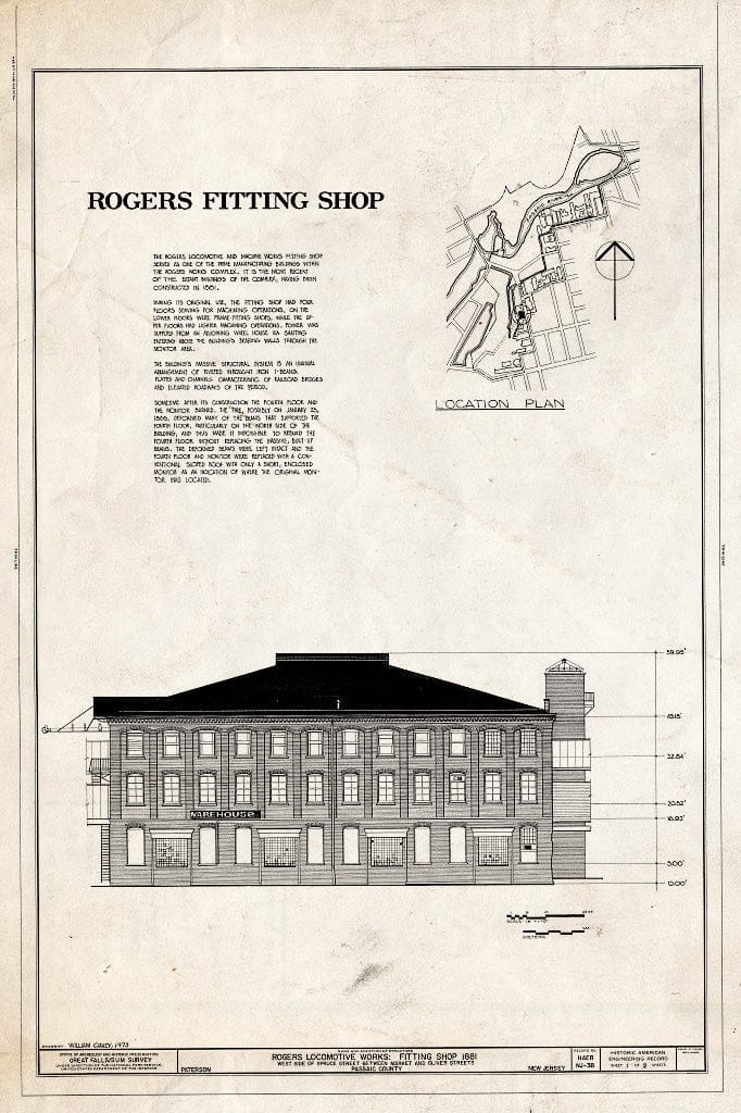 Historic Pictoric : Blueprint HAER NJ,16-PAT,20-B- (Sheet 1 of 2) - Rogers Locomotive & Machine Works, Fitting Shop, Spruce & Market Streets, Paterson, Passaic County, NJ