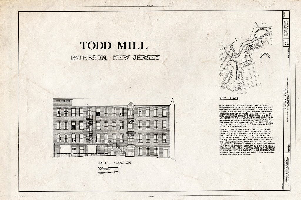 Historic Pictoric : Blueprint HAER NJ,16-PAT,22- (Sheet 1 of 3) - Todd & Rafferty Machine Company, Van Houten Street & McGee Alley, Paterson, Passaic County, NJ