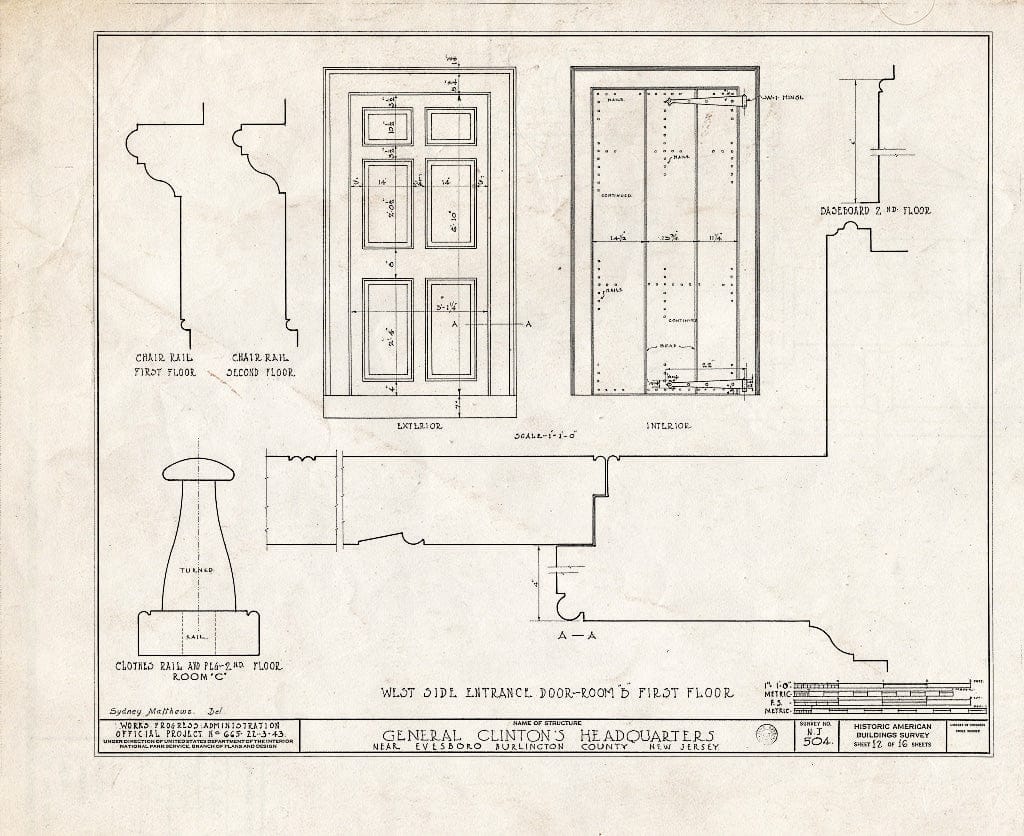 Historic Pictoric : Blueprint HABS NJ,3-EVBO.V,1- (Sheet 12 of 16) - General Clinton Headquarters, Evesboro Road, Evesboro, Burlington County, NJ