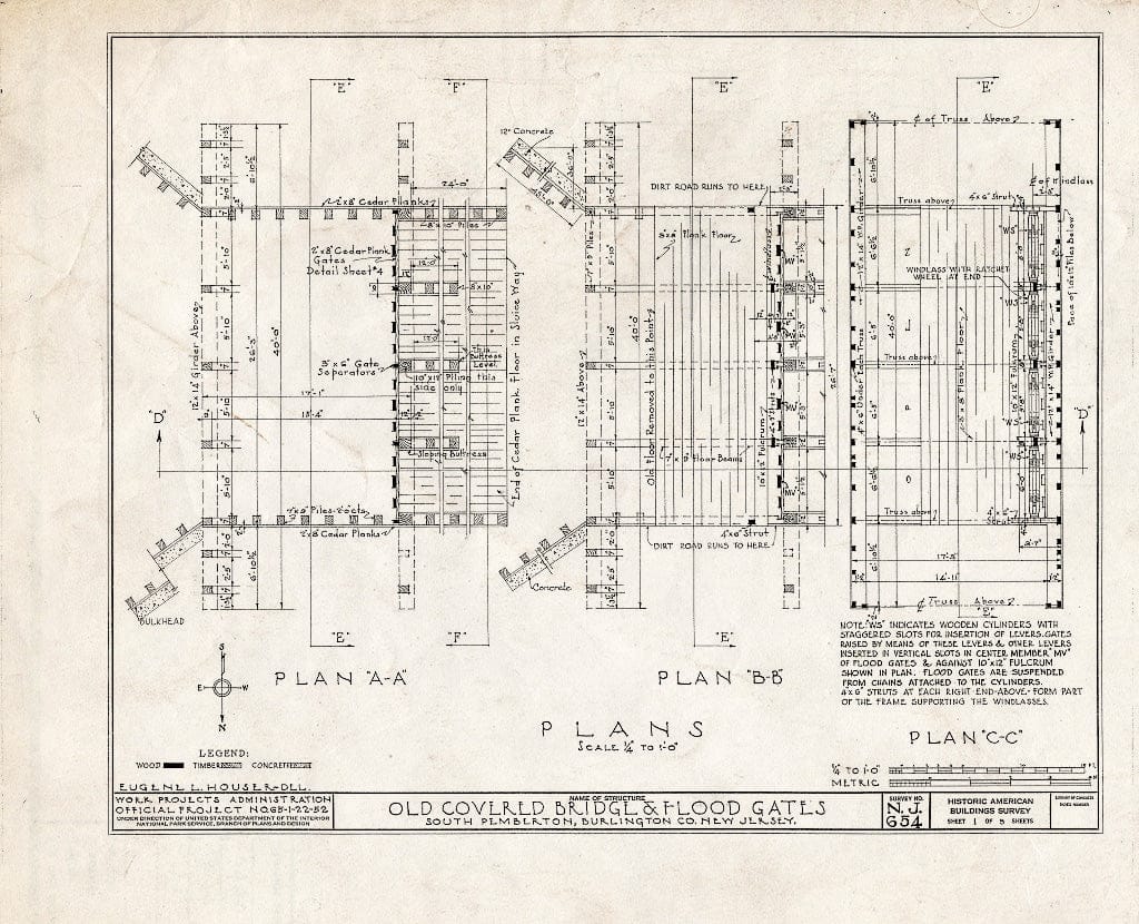 Historic Pictoric : Blueprint Plans: Plan A-A, Plan B-B, Plan C-C - Old Covered Bridge & Flood Gates, South Pemberton, Burlington County, NJ