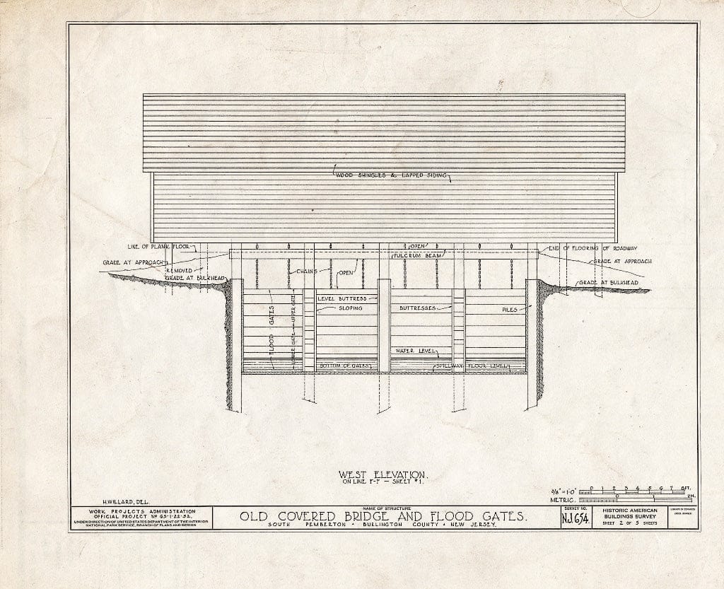 Historic Pictoric : Blueprint West Elevation - Old Covered Bridge & Flood Gates, South Pemberton, Burlington County, NJ