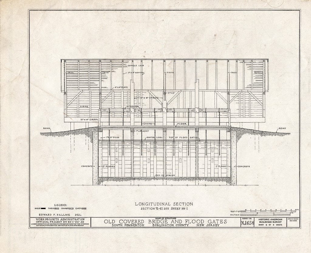 Historic Pictoric : Blueprint Longitudinal Section - Old Covered Bridge & Flood Gates, South Pemberton, Burlington County, NJ