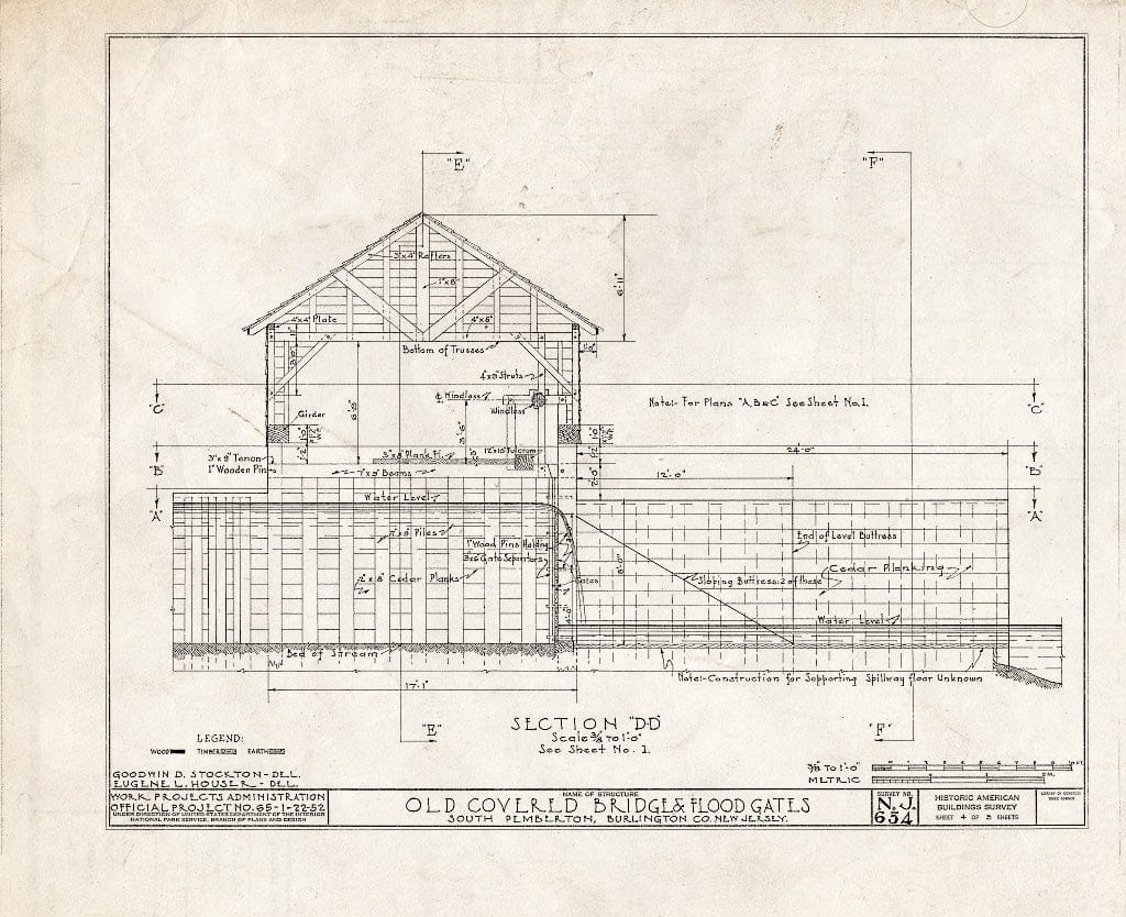 Historic Pictoric : Blueprint Section D-D - Old Covered Bridge & Flood Gates, South Pemberton, Burlington County, NJ