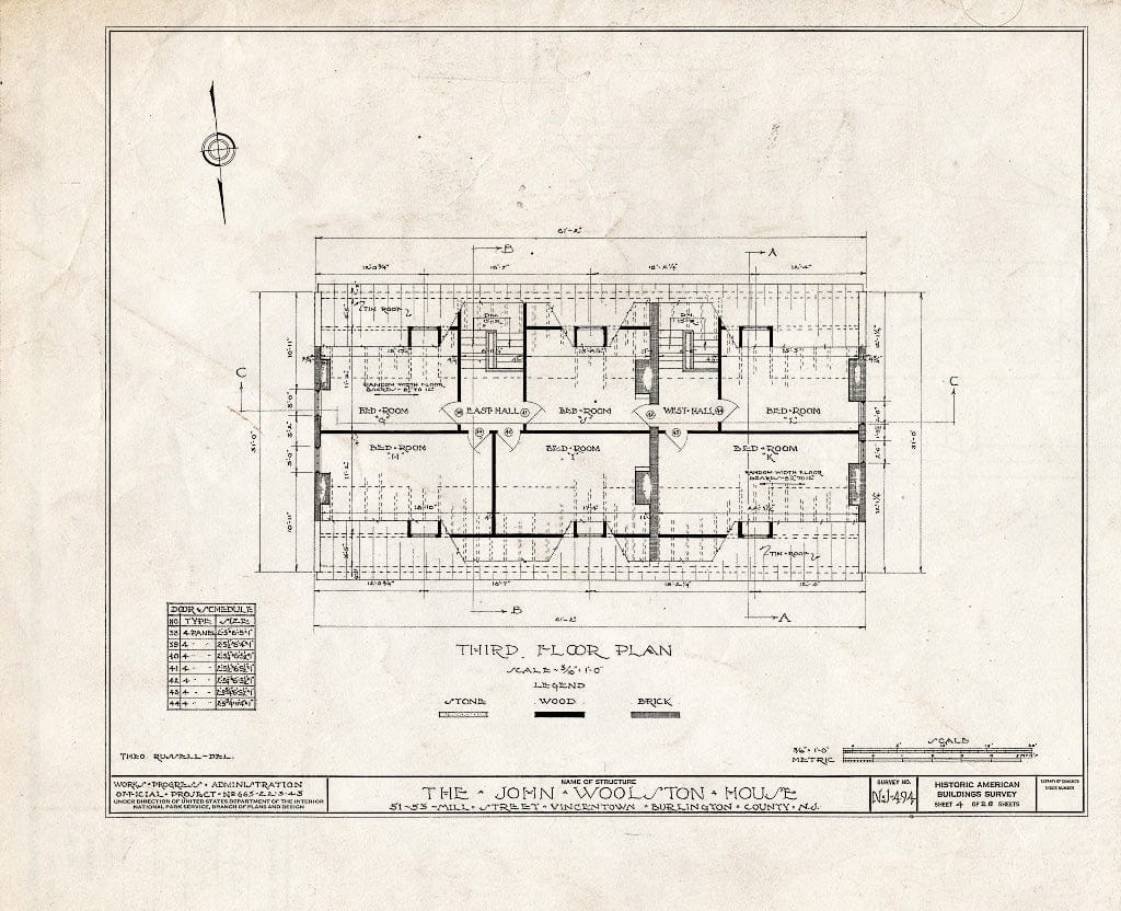 Historic Pictoric : Blueprint HABS NJ,3-VINTO,1- (Sheet 4 of 28) - John Woolston House, 51-53 Mill Street, Vincentown, Burlington County, NJ