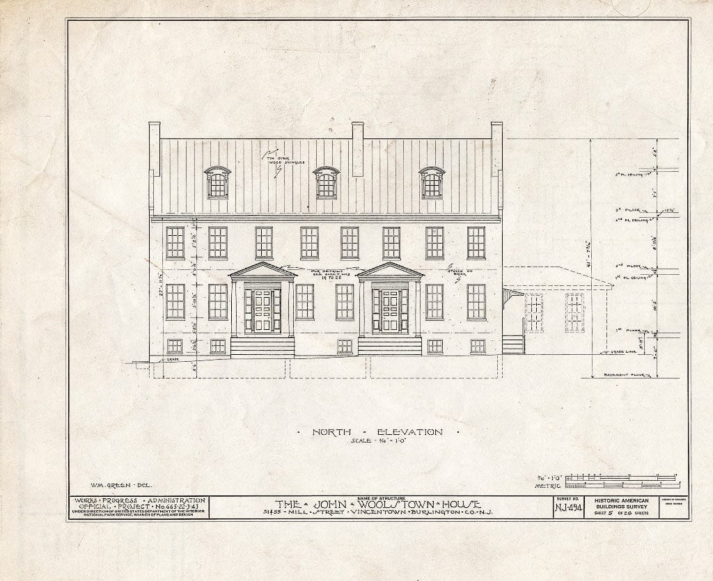 Historic Pictoric : Blueprint HABS NJ,3-VINTO,1- (Sheet 5 of 28) - John Woolston House, 51-53 Mill Street, Vincentown, Burlington County, NJ