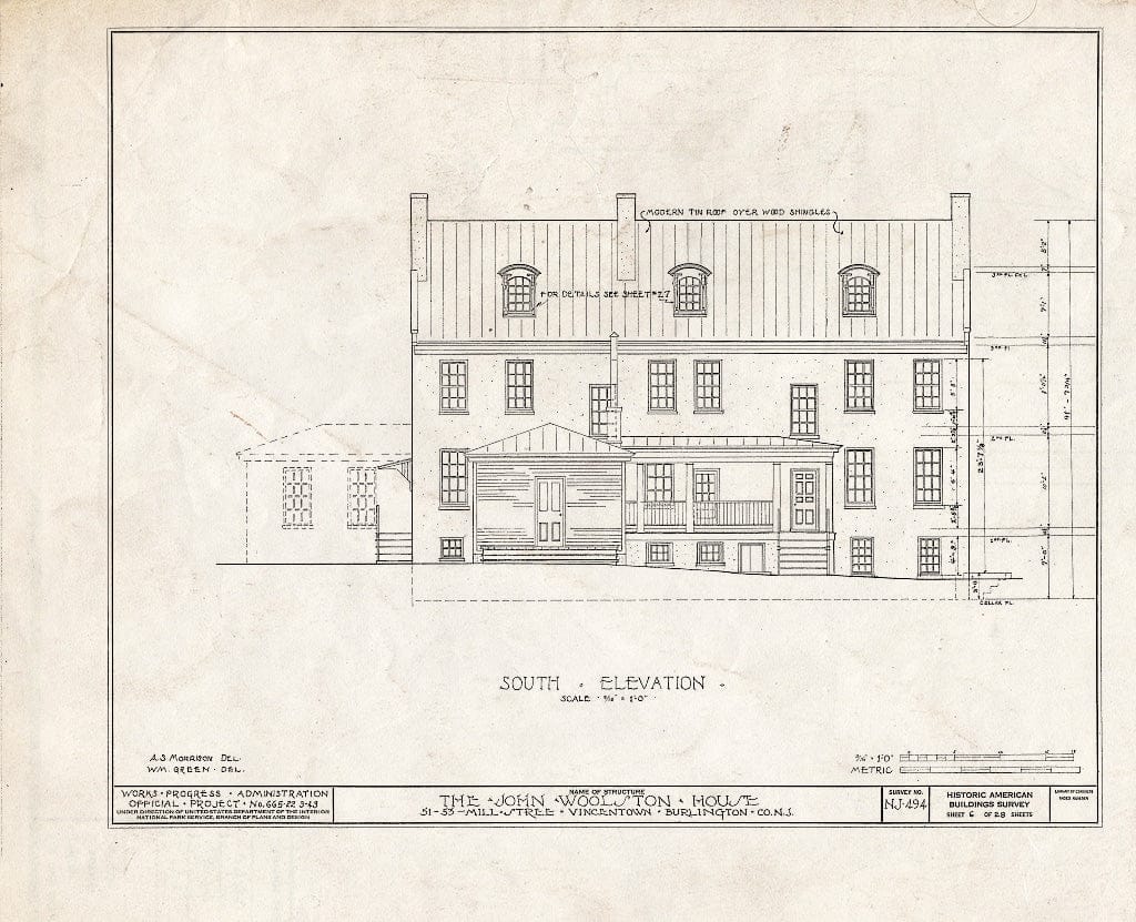 Historic Pictoric : Blueprint HABS NJ,3-VINTO,1- (Sheet 6 of 28) - John Woolston House, 51-53 Mill Street, Vincentown, Burlington County, NJ