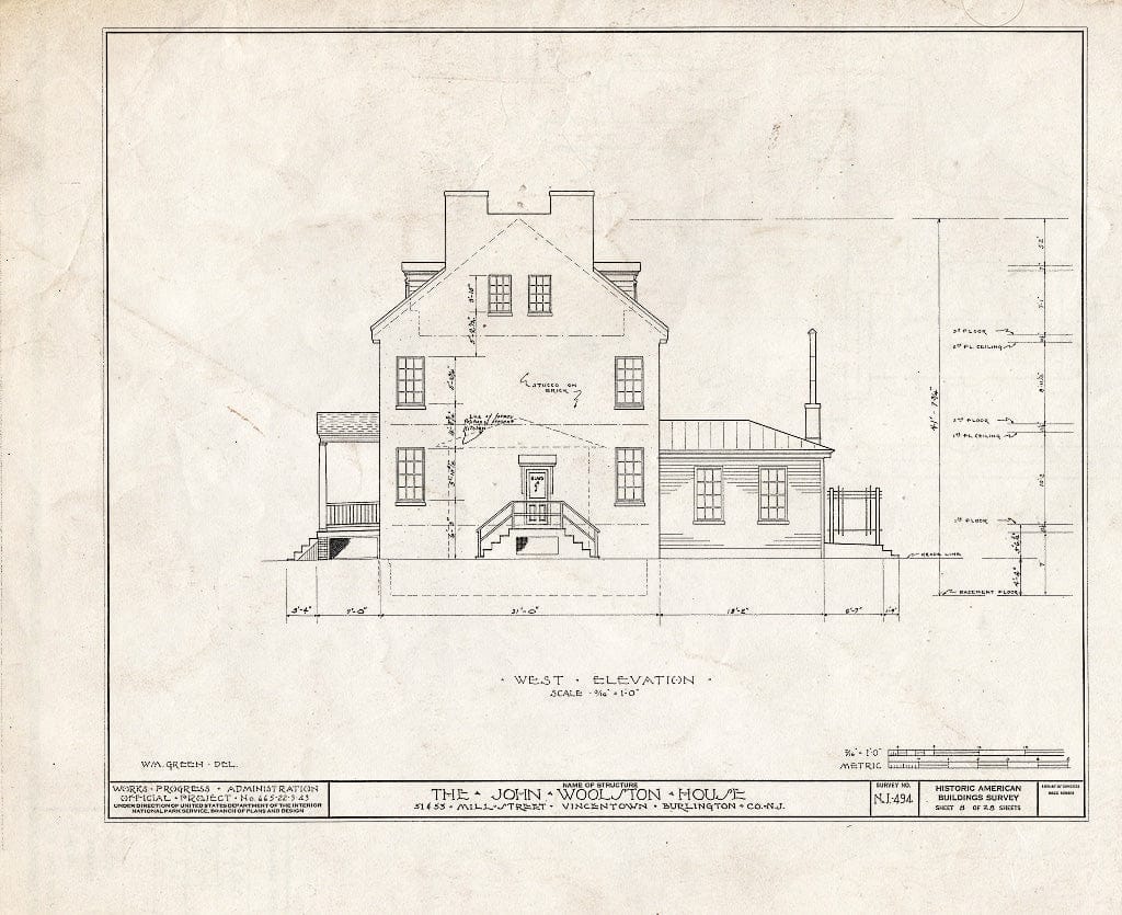 Historic Pictoric : Blueprint HABS NJ,3-VINTO,1- (Sheet 8 of 28) - John Woolston House, 51-53 Mill Street, Vincentown, Burlington County, NJ