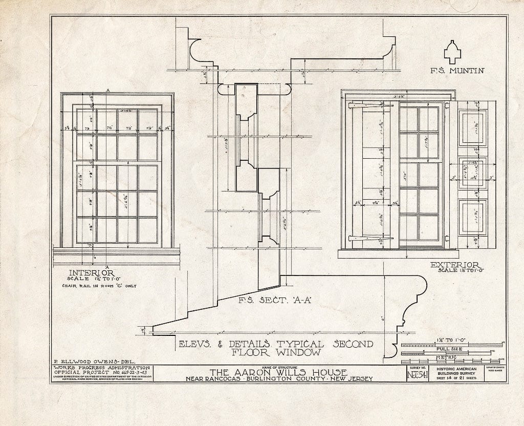 Historic Pictoric : Blueprint HABS NJ,3-RANC.V,3- (Sheet 14 of 21) - Aaron Wills House, Rancocas, Burlington County, NJ