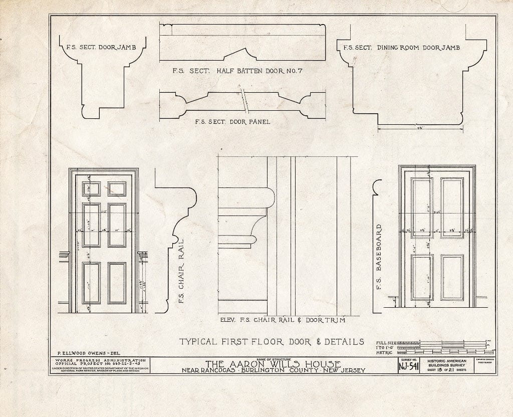 Historic Pictoric : Blueprint HABS NJ,3-RANC.V,3- (Sheet 15 of 21) - Aaron Wills House, Rancocas, Burlington County, NJ