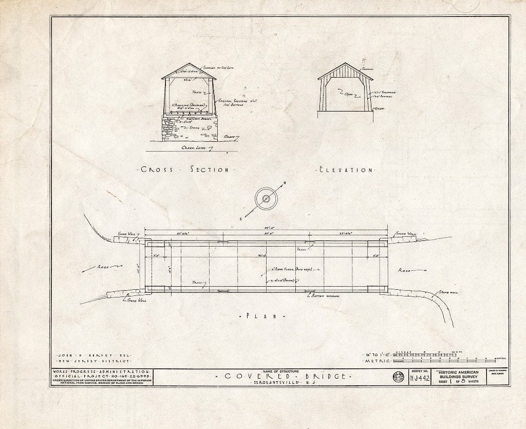 Blueprint Cross Section, Elevation, Plan - Covered Bridge, Wickecheoke Creek, Sergeantsville, Hunterdon County, NJ