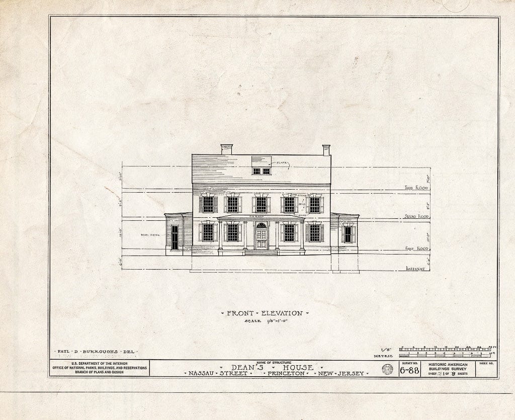 Blueprint Front Elevation - Dean's House, 73 Nassau Street, Princeton, Mercer County, NJ