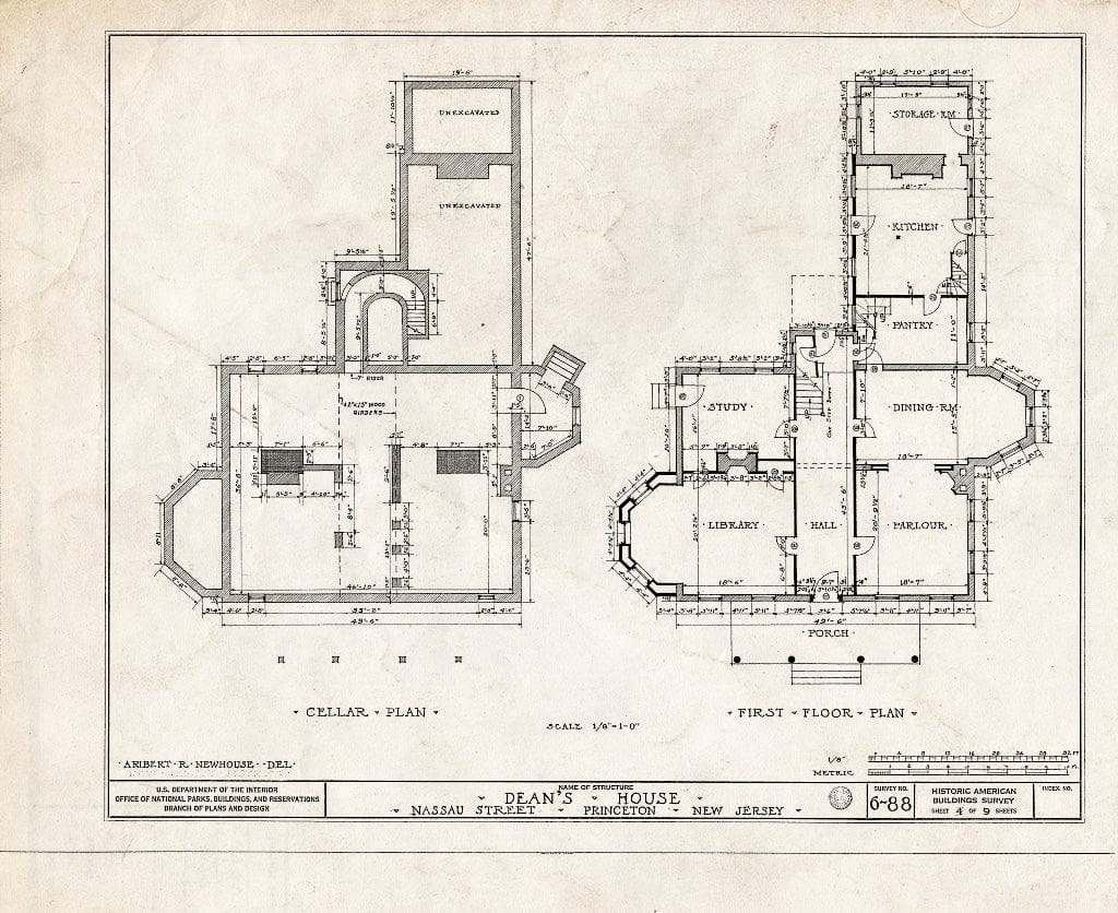 Blueprint Cellar Plan, First Floor Plan - Dean's House, 73 Nassau Street, Princeton, Mercer County, NJ