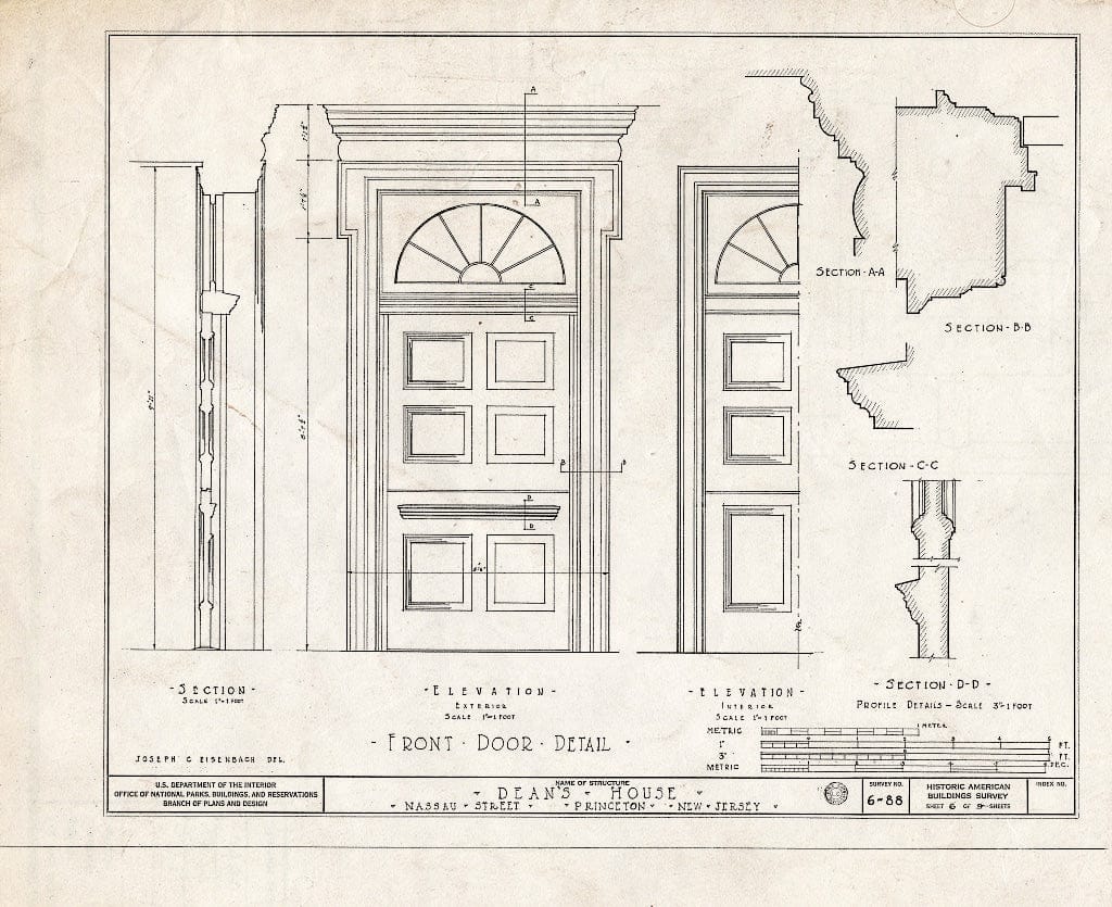 Blueprint Front Door Details - Dean's House, 73 Nassau Street, Princeton, Mercer County, NJ