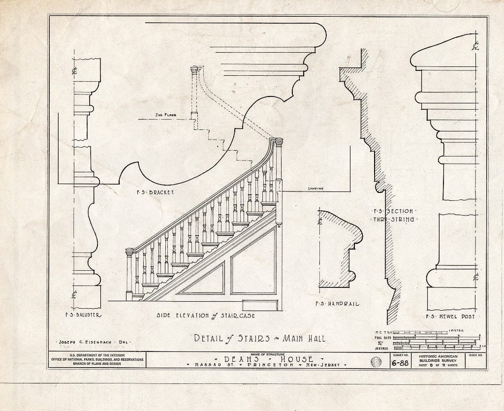 Blueprint Detain of Stairs, Main Hall - Dean's House, 73 Nassau Street, Princeton, Mercer County, NJ