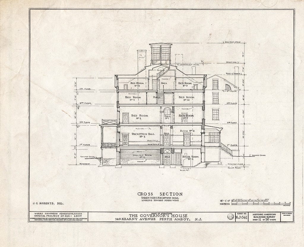 Blueprint Cross Section, Taken Thru Reception Hall Looking Toward South Wing - Governor's House, 149 Kearny Avenue, Perth Amboy, Middlesex County, NJ