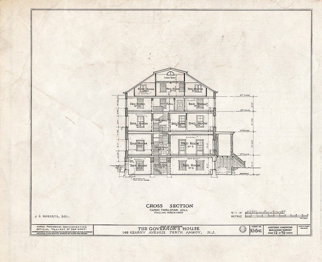 Blueprint Cross Section, Taken Thru Stair Hall Facing Northwest - Governor's House, 149 Kearny Avenue, Perth Amboy, Middlesex County, NJ