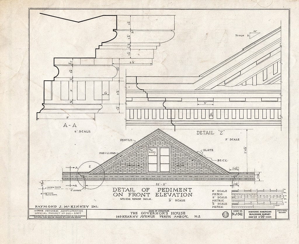 Blueprint Detail of Pediment on Front Elevation - Governor's House, 149 Kearny Avenue, Perth Amboy, Middlesex County, NJ