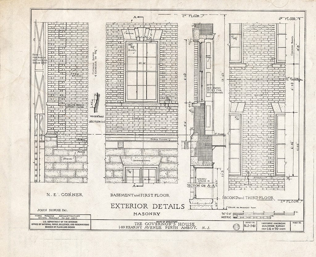 Blueprint Exterior Details, Masonry - Governor's House, 149 Kearny Avenue, Perth Amboy, Middlesex County, NJ