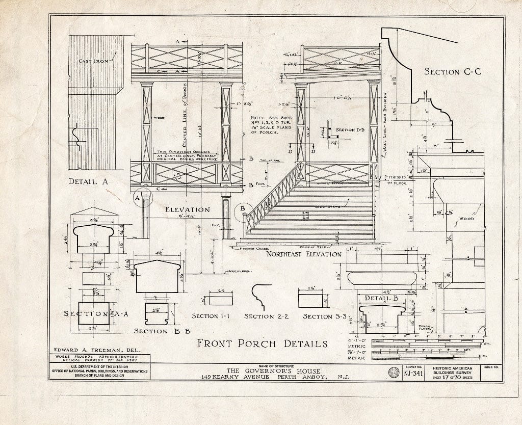 Blueprint Front Porch Details - Governor's House, 149 Kearny Avenue, Perth Amboy, Middlesex County, NJ