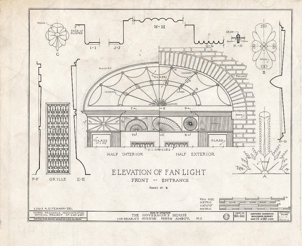 Blueprint Elevation of Fan Light, Front Entrance, Sheet No 2 - Governor's House, 149 Kearny Avenue, Perth Amboy, Middlesex County, NJ