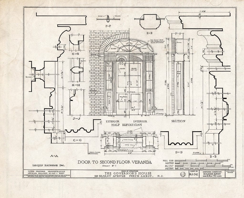 Blueprint Door to Second Floor Veranda - Governor's House, 149 Kearny Avenue, Perth Amboy, Middlesex County, NJ