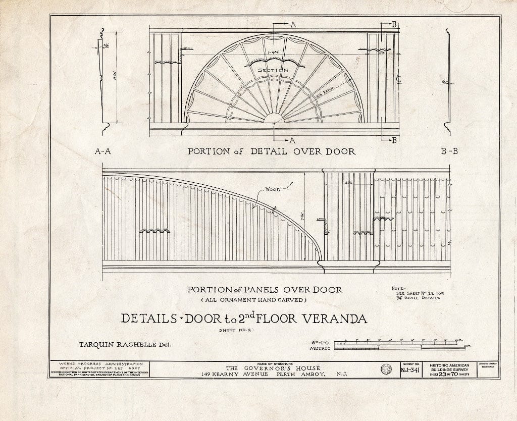 Blueprint Details, Door to 2nd Floor Veranda - Governor's House, 149 Kearny Avenue, Perth Amboy, Middlesex County, NJ