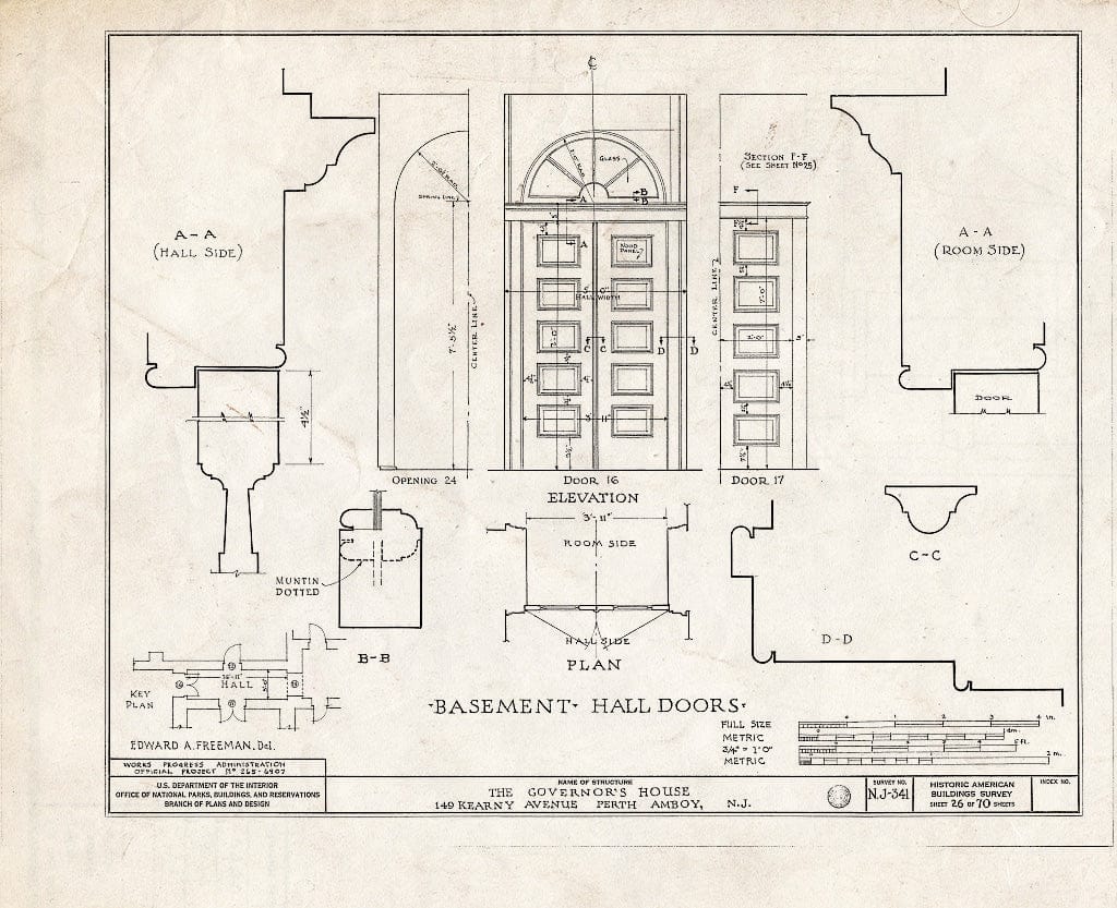 Blueprint Basement Hall Doors - Governor's House, 149 Kearny Avenue, Perth Amboy, Middlesex County, NJ