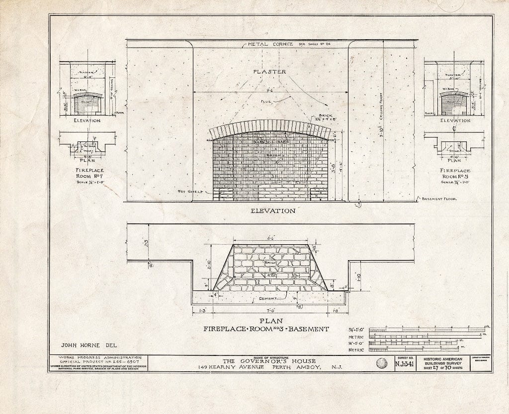 Blueprint Fireplace, Room No. 3, Basement - Governor's House, 149 Kearny Avenue, Perth Amboy, Middlesex County, NJ