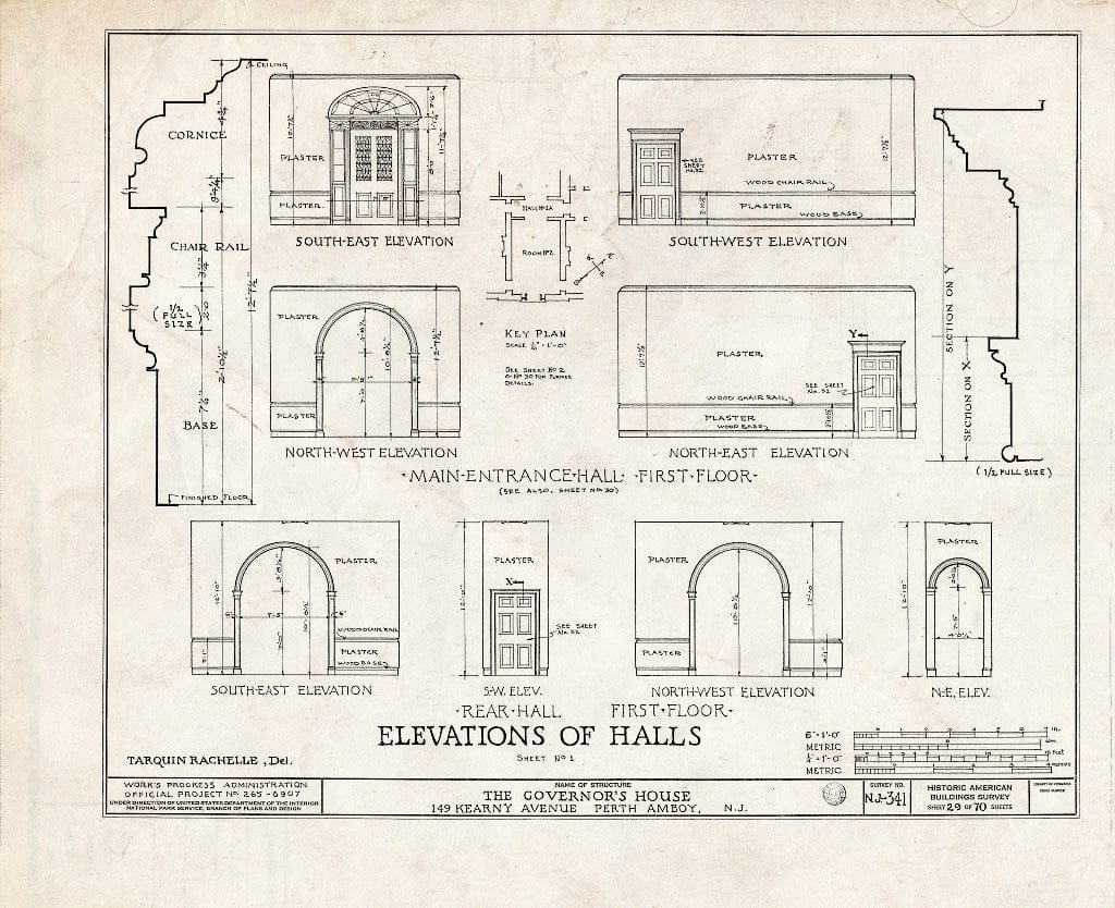 Blueprint Elevations of Halls, Sheet No. 1 - Governor's House, 149 Kearny Avenue, Perth Amboy, Middlesex County, NJ