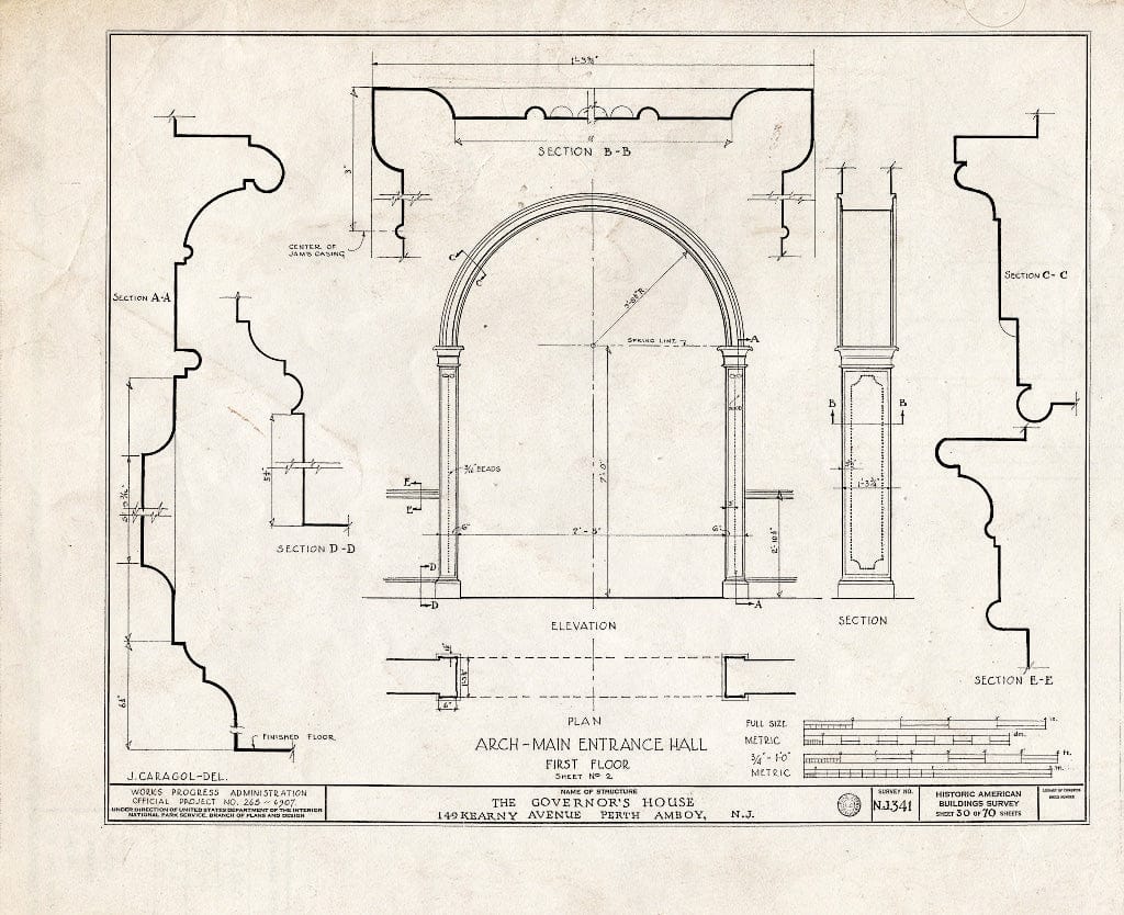 Blueprint Arch, Main Entrance Hall, First Floor, Sheet No. 2 - Governor's House, 149 Kearny Avenue, Perth Amboy, Middlesex County, NJ