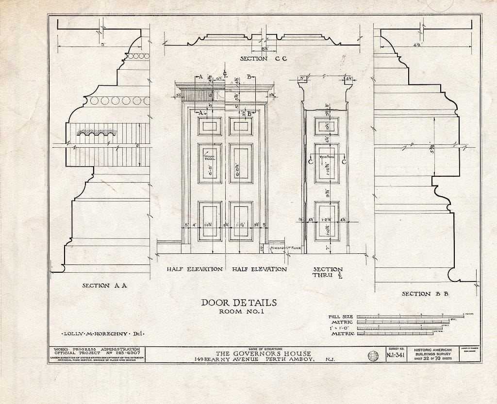 Blueprint Door Details, Room No. 1 - Governor's House, 149 Kearny Avenue, Perth Amboy, Middlesex County, NJ